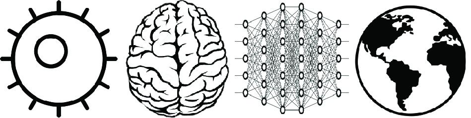 Site motif: gear, brain, neural network, and globe icons